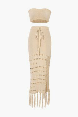 Y2K Knit Tube Top & Tassel Hem Skirt Set for Coquette Aesthetic: Grunge Style Outfit with a Twist