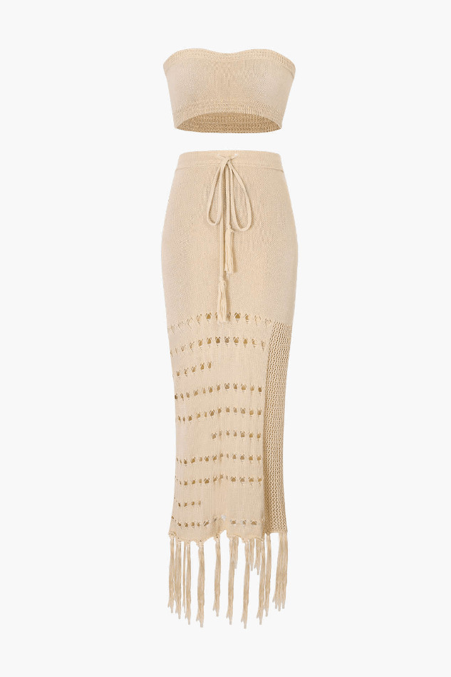 Y2K Knit Tube Top & Tassel Hem Skirt Set for Coquette Aesthetic: Grunge Style Outfit with a Twist
