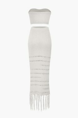 Y2K Knit Tube Top & Tassel Hem Skirt Set for Coquette Aesthetic: Grunge Style Outfit with a Twist