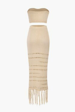 Y2K Knit Tube Top & Tassel Hem Skirt Set for Coquette Aesthetic: Grunge Style Outfit with a Twist
