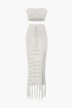 Y2K Knit Tube Top & Tassel Hem Skirt Set for Coquette Aesthetic: Grunge Style Outfit with a Twist