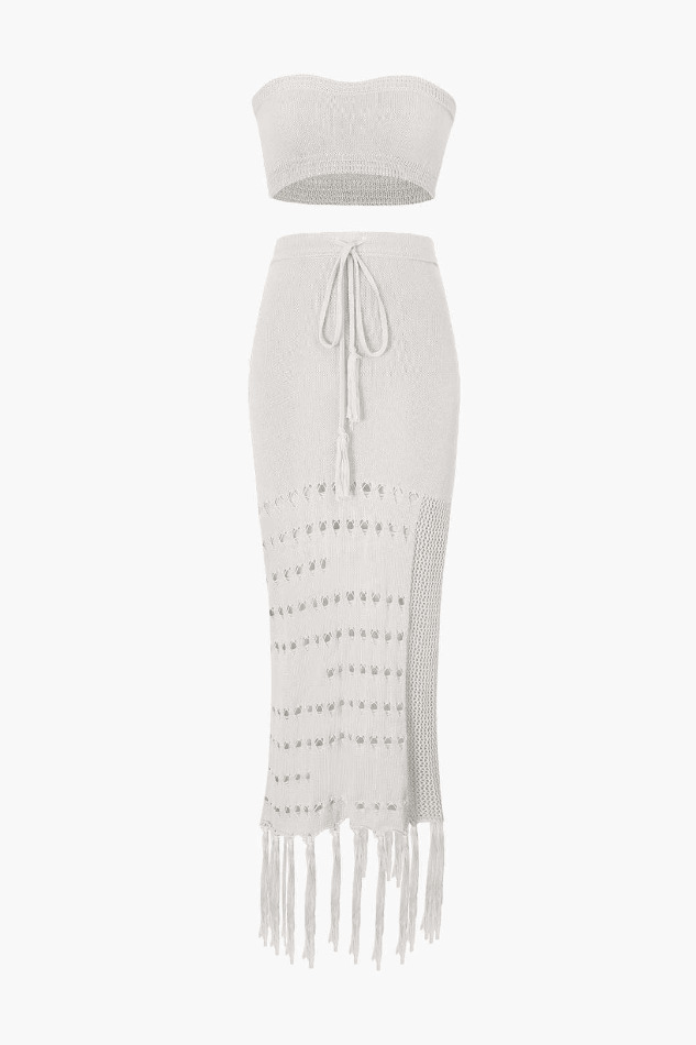 Y2K Knit Tube Top & Tassel Hem Skirt Set for Coquette Aesthetic: Grunge Style Outfit with a Twist