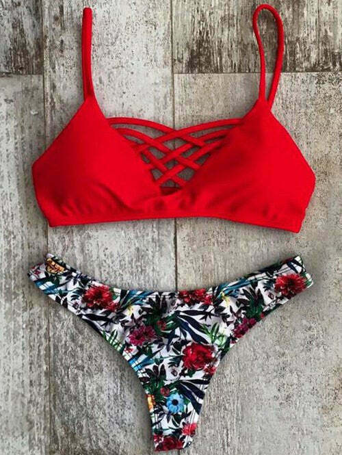 Y2K Lace-Up Bikini Set with Printed Spaghetti Straps - Coquette Aesthetic Swimsuit