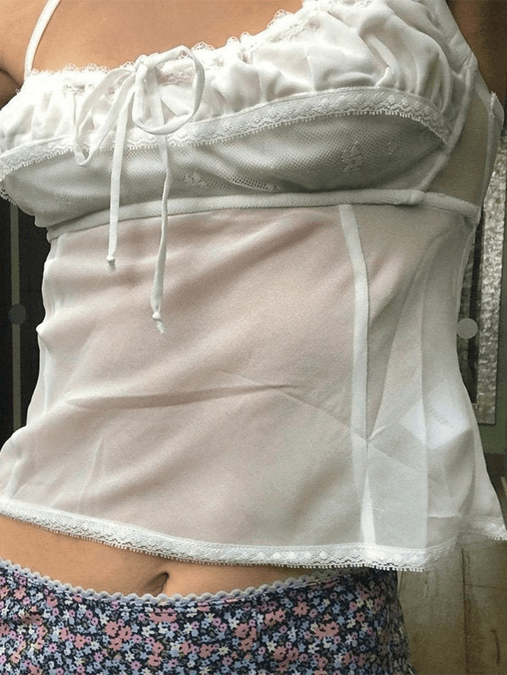 Y2K Lace-Up Chiffon Cami Top: Coquette & Grunge Aesthetic, Cute Tops, Pastel Goth - Women's Fashion