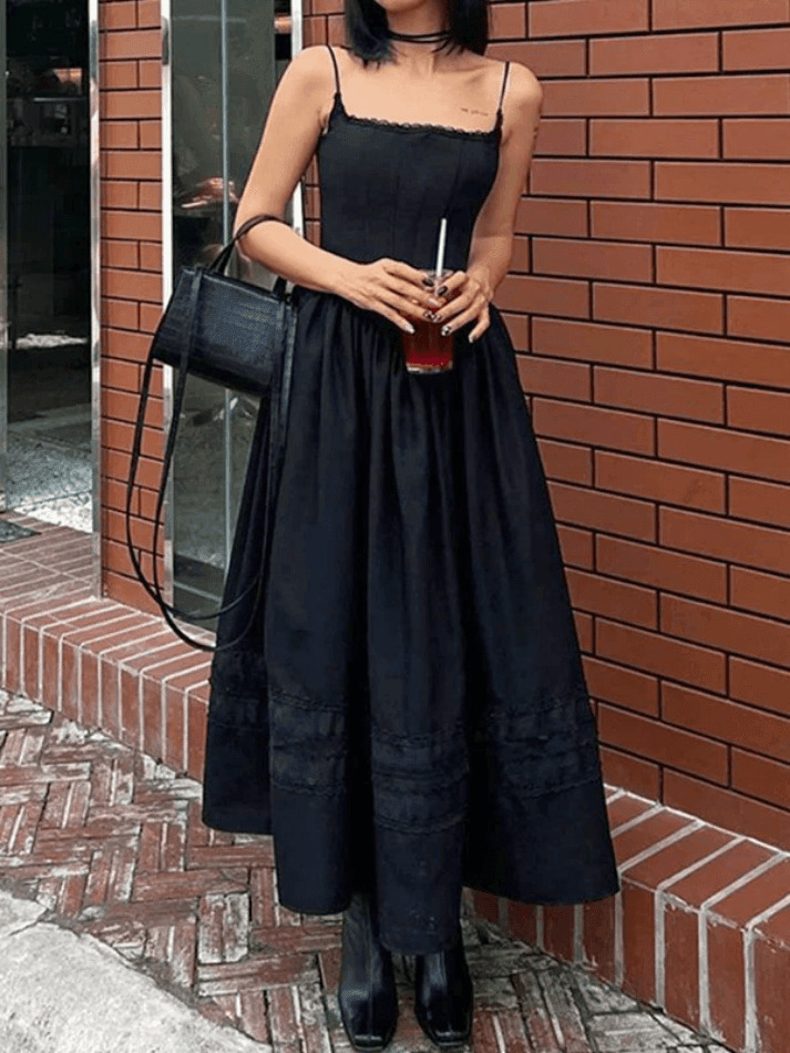 Y2K Lace-Up Corset Black Maxi Dress - Coquette Aesthetic Goth Style for Women