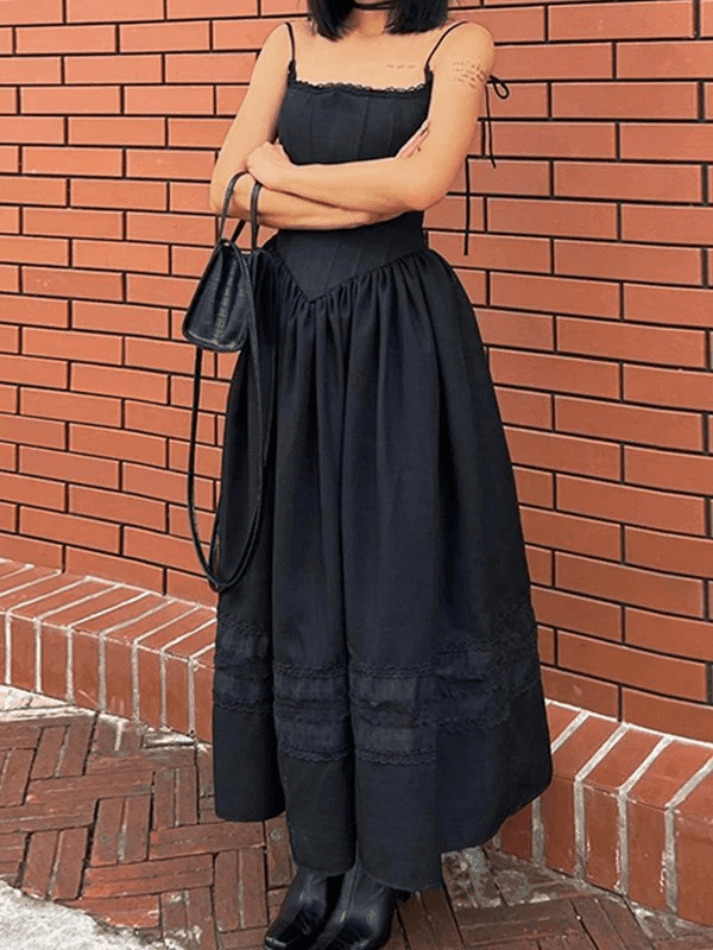 Y2K Lace-Up Corset Black Maxi Dress - Coquette Aesthetic Goth Style for Women