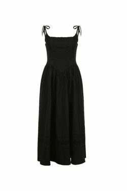 Y2K Lace-Up Corset Black Maxi Dress - Coquette Aesthetic Goth Style for Women