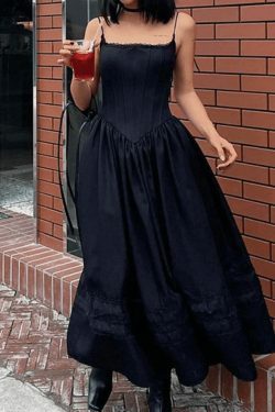 Y2K Lace-Up Corset Black Maxi Dress - Coquette Aesthetic Goth Style for Women