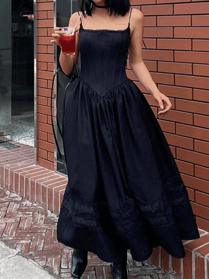 Y2K Lace-Up Corset Black Maxi Dress - Coquette Aesthetic Goth Style for Women