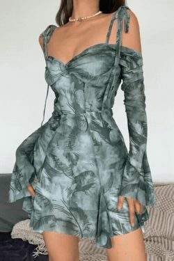 Y2K Lace-Up Trumpet Sleeve Mini Dress - Coquette Aesthetic Fashion for Women
