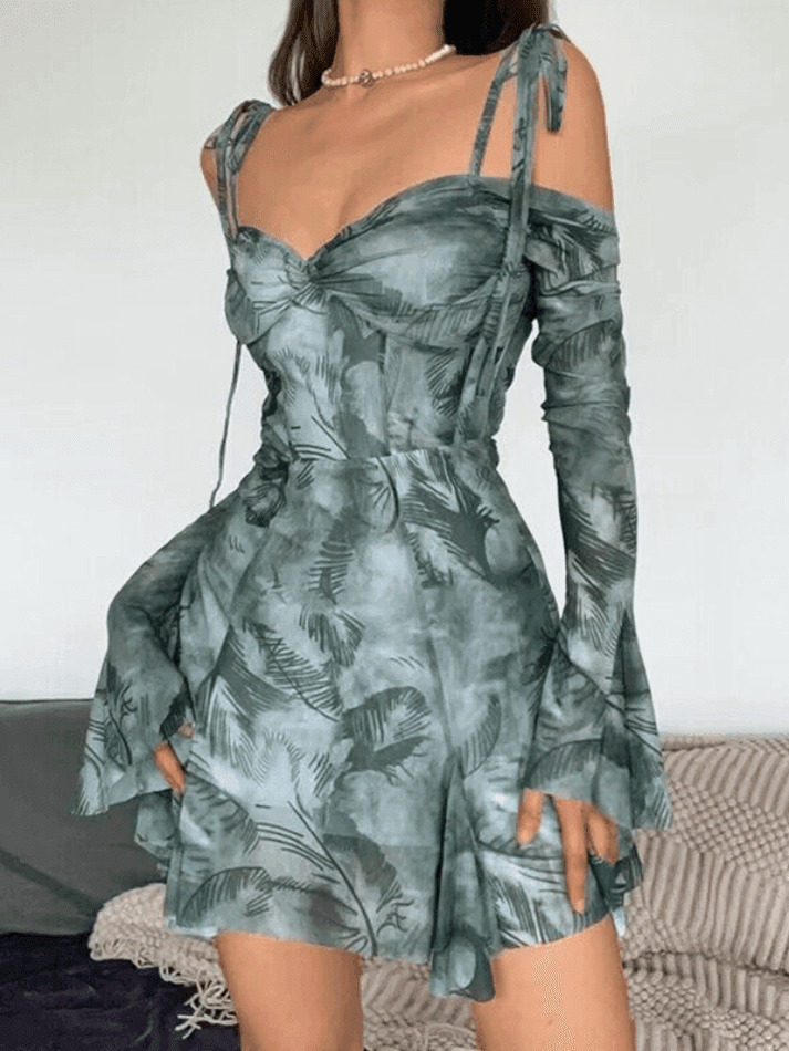 Y2K Lace-Up Trumpet Sleeve Mini Dress - Coquette Aesthetic Fashion for Women