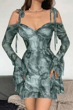 Y2K Lace-Up Trumpet Sleeve Mini Dress - Coquette Aesthetic Fashion for Women