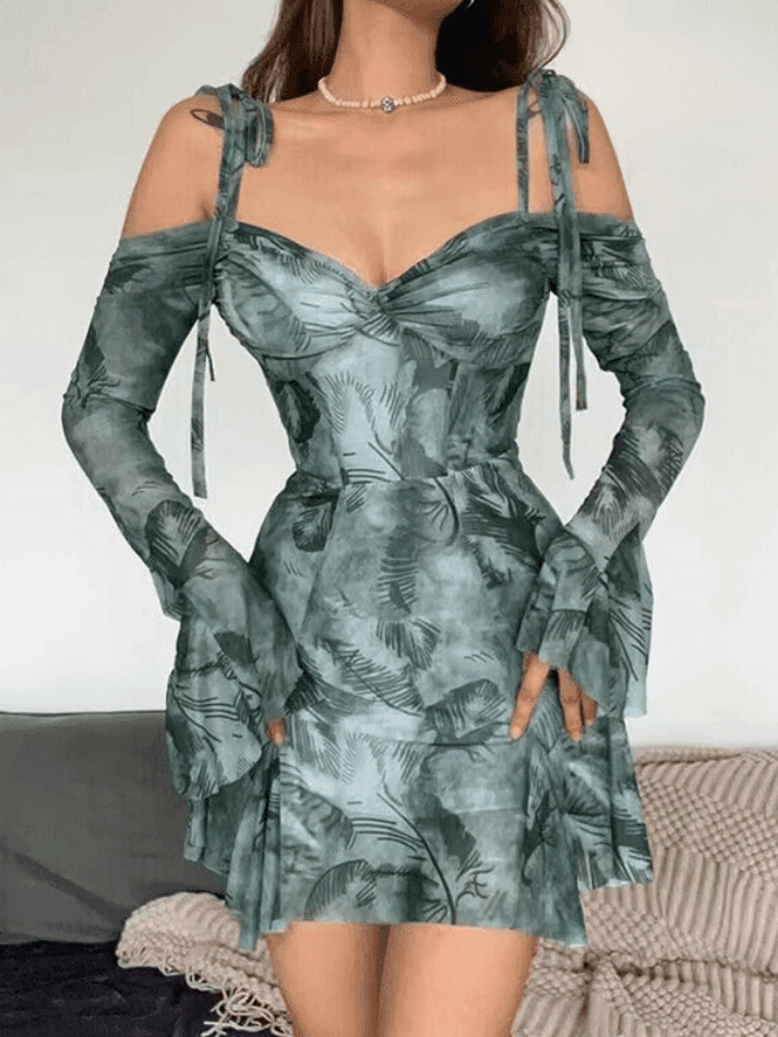 Y2K Lace-Up Trumpet Sleeve Mini Dress - Coquette Aesthetic Fashion for Women