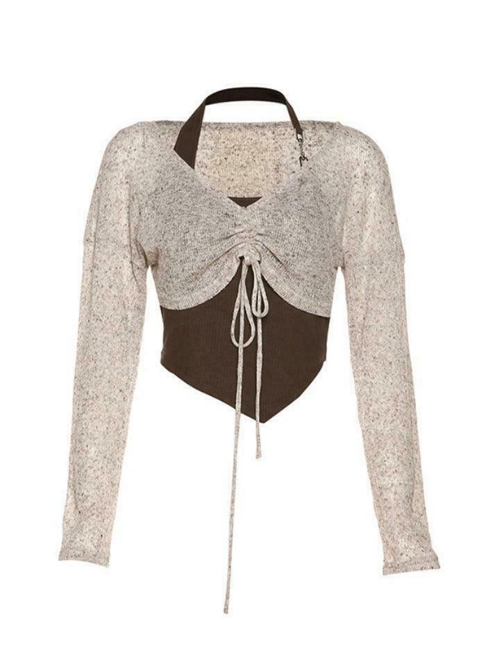 Y2K Lace-Up V-Neck Knit Sweater for Coquette Aesthetic: Grunge Style with a Touch of Pastel Goth