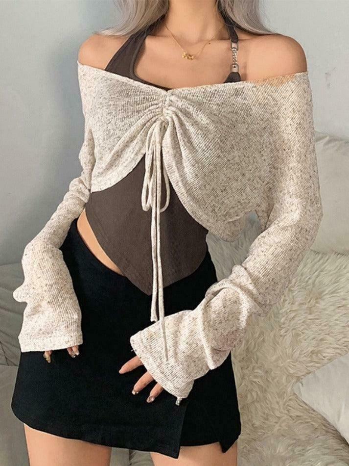 Y2K Lace-Up V-Neck Knit Sweater for Coquette Aesthetic: Grunge Style with a Touch of Pastel Goth