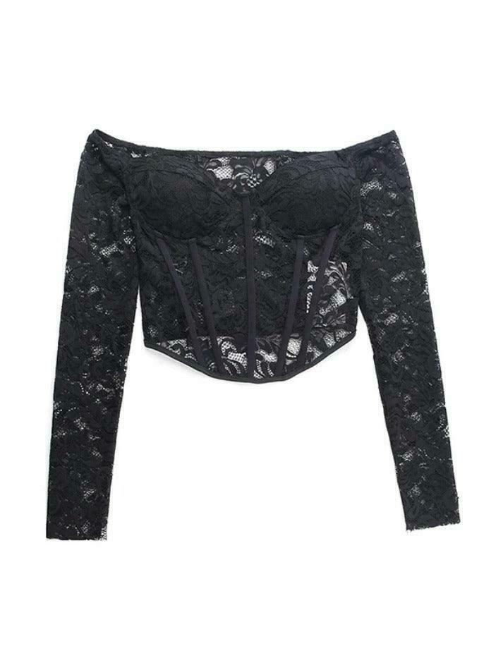 Y2K Lace Corset Off-Shoulder Long Sleeve Top - Coquette Aesthetic Fashion Statement