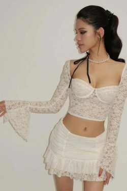 Y2K Lace Crop Top & Gathered Skirt Set - Coquette Aesthetic Outfit - Grunge Style Two-Piece
