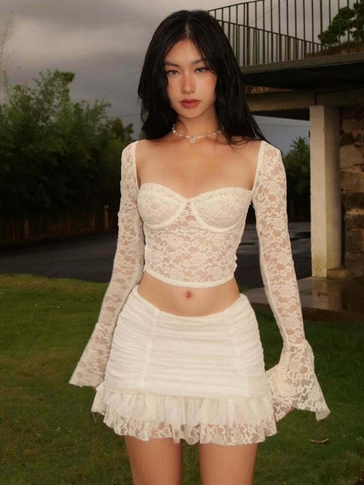 Y2K Lace Crop Top & Gathered Skirt Set - Coquette Aesthetic Outfit - Grunge Style Two-Piece