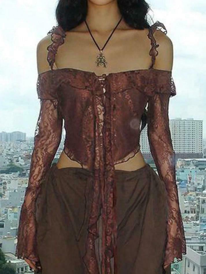 Y2K Lace Off Shoulder Cardigan: Coquette Aesthetic Long Sleeve Blouse for Women's Fashion