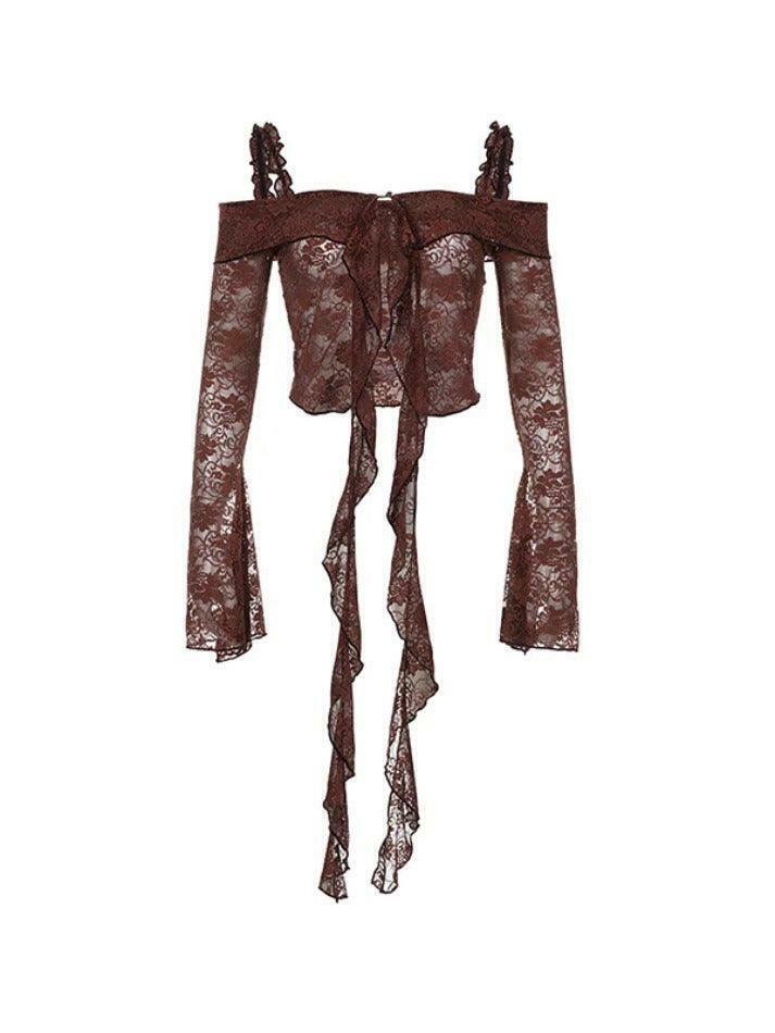 Y2K Lace Off Shoulder Cardigan: Coquette Aesthetic Long Sleeve Blouse for Women's Fashion