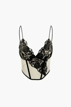 Y2K Lace Panel Mesh Cami Top - Coquette Aesthetic Grunge Style - Cute Pastel Goth Fashion