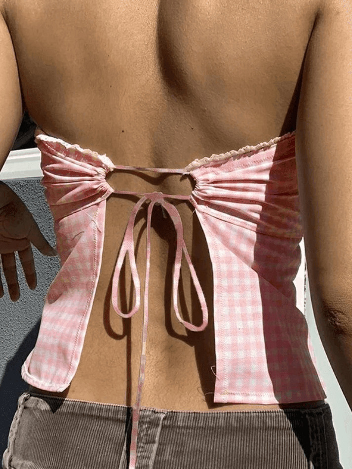 Y2K Lace Plaid Bandeau: Coquette Aesthetic Cute Tops for Women - Grunge Style Fashion