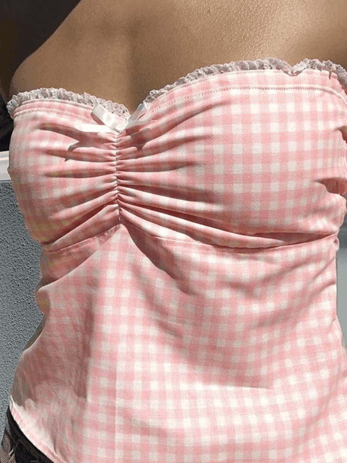 Y2K Lace Plaid Bandeau: Coquette Aesthetic Cute Tops for Women - Grunge Style Fashion