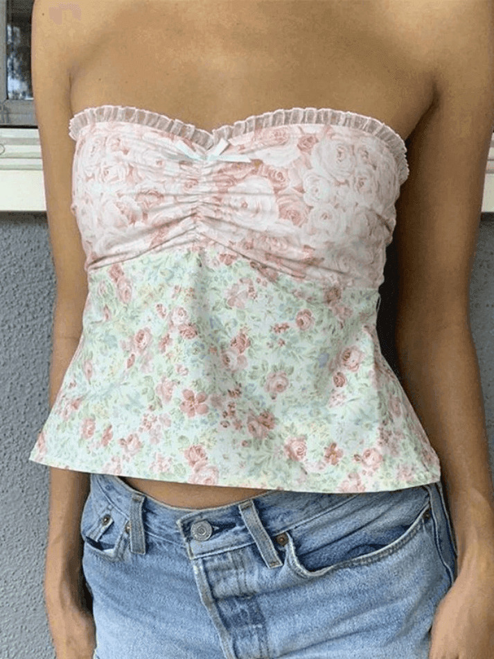 Y2K Lace Plaid Bandeau: Coquette Aesthetic Cute Tops for Women - Grunge Style Fashion
