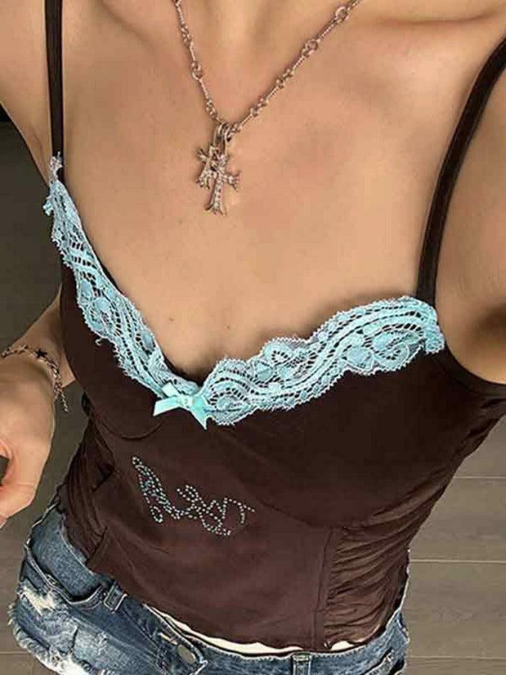 Y2K Lace Rhinestone Cami Top with Pleated Design - Coquette Aesthetic Fashion for Women
