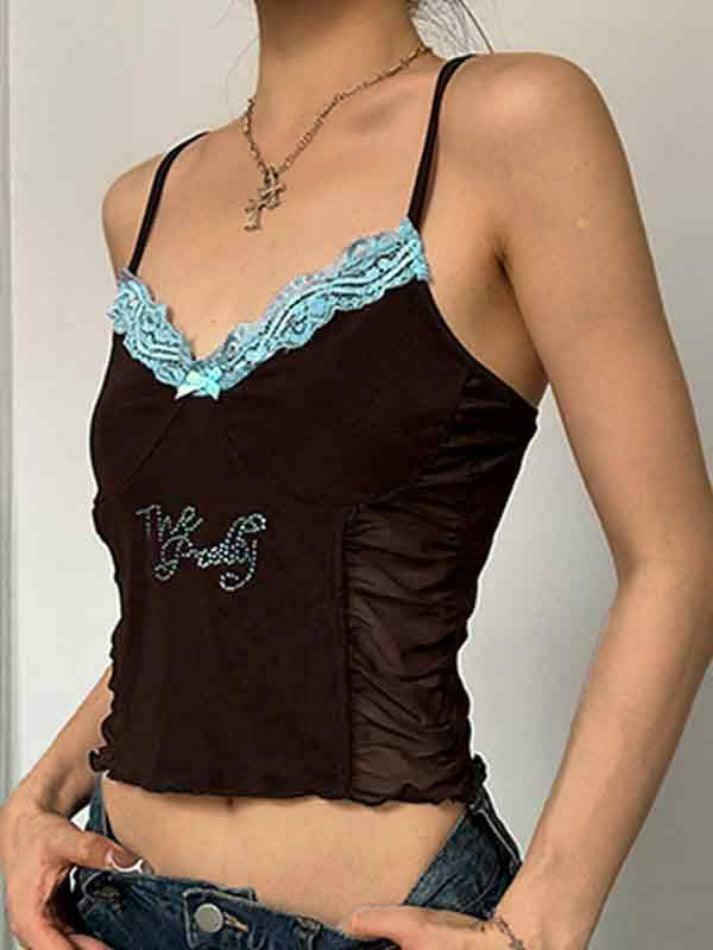 Y2K Lace Rhinestone Cami Top with Pleated Design - Coquette Aesthetic Fashion for Women
