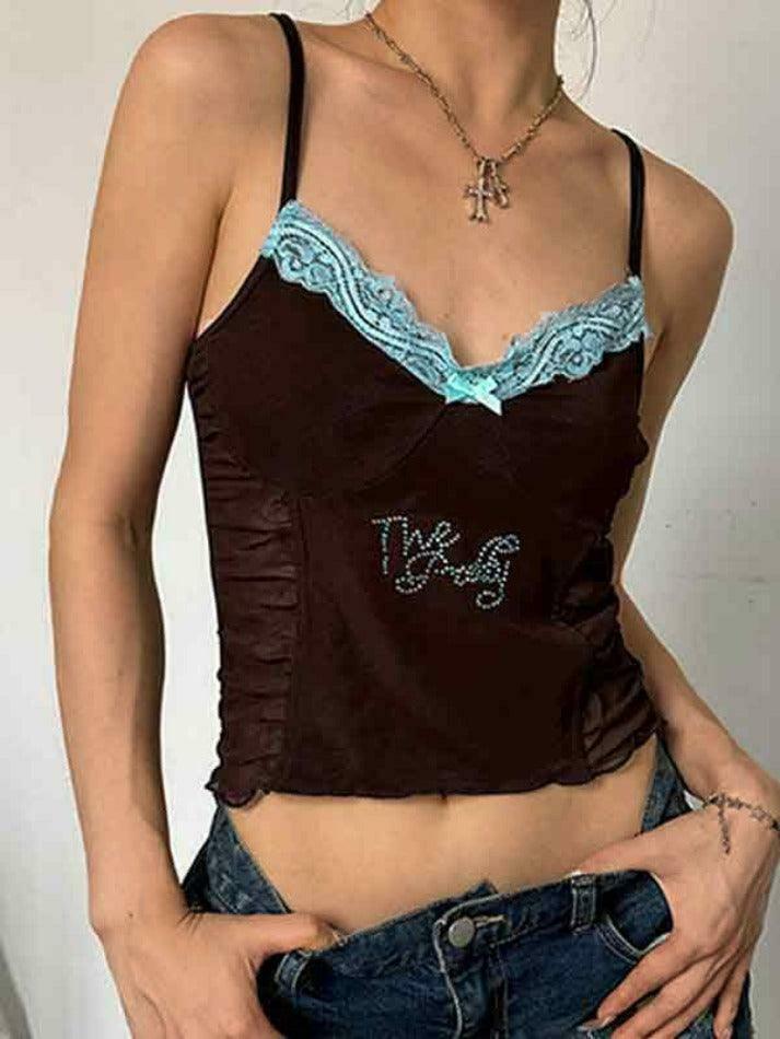 Y2K Lace Rhinestone Cami Top with Pleated Design - Coquette Aesthetic Fashion for Women