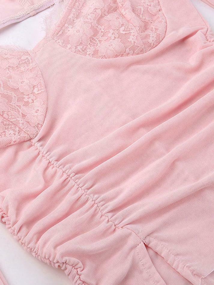 Y2K Lace Splice Cami Mesh Smock Two Piece Long Sleeve Tee - Coquette Aesthetic Grunge Style