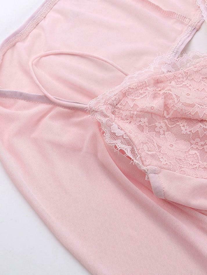 Y2K Lace Splice Cami Mesh Smock Two Piece Long Sleeve Tee - Coquette Aesthetic Grunge Style