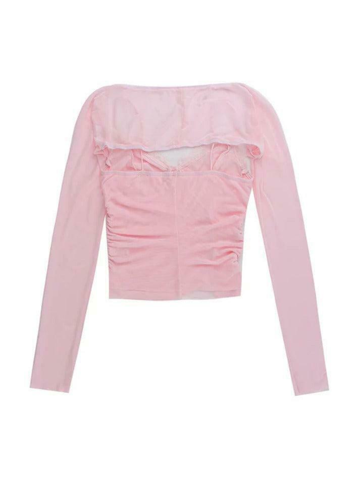 Y2K Lace Splice Cami Mesh Smock Two Piece Long Sleeve Tee - Coquette Aesthetic Grunge Style