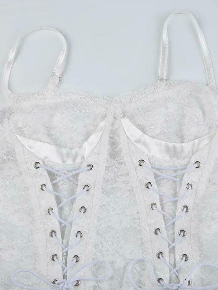 Y2K Lace Splice Crossover Tie Up Cami Top - Coquette Aesthetic Grunge Style Cute Tops