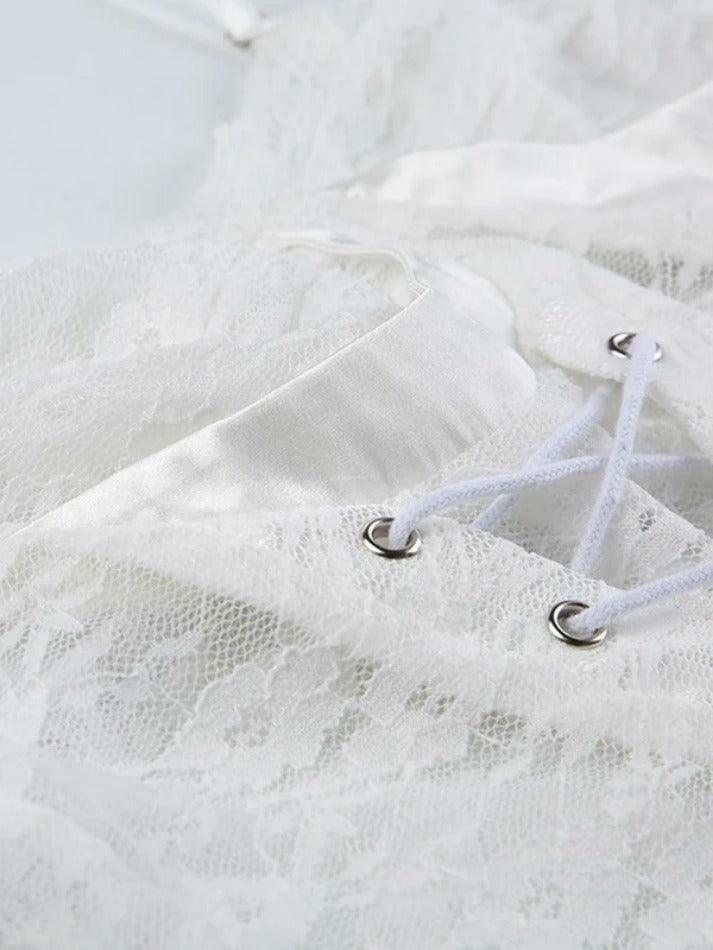 Y2K Lace Splice Crossover Tie Up Cami Top - Coquette Aesthetic Grunge Style Cute Tops