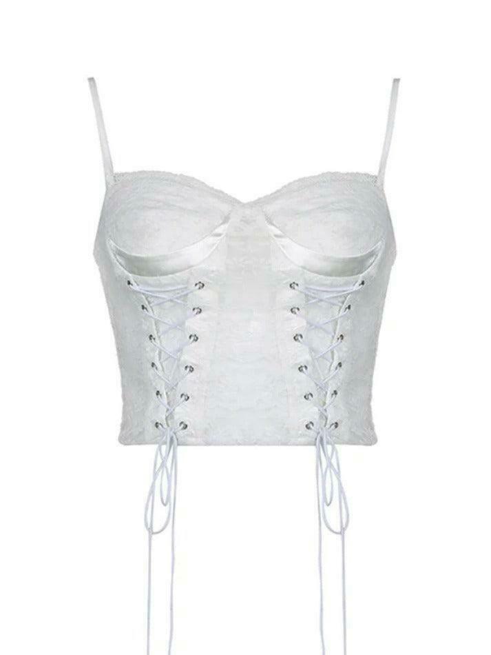 Y2K Lace Splice Crossover Tie Up Cami Top - Coquette Aesthetic Grunge Style Cute Tops