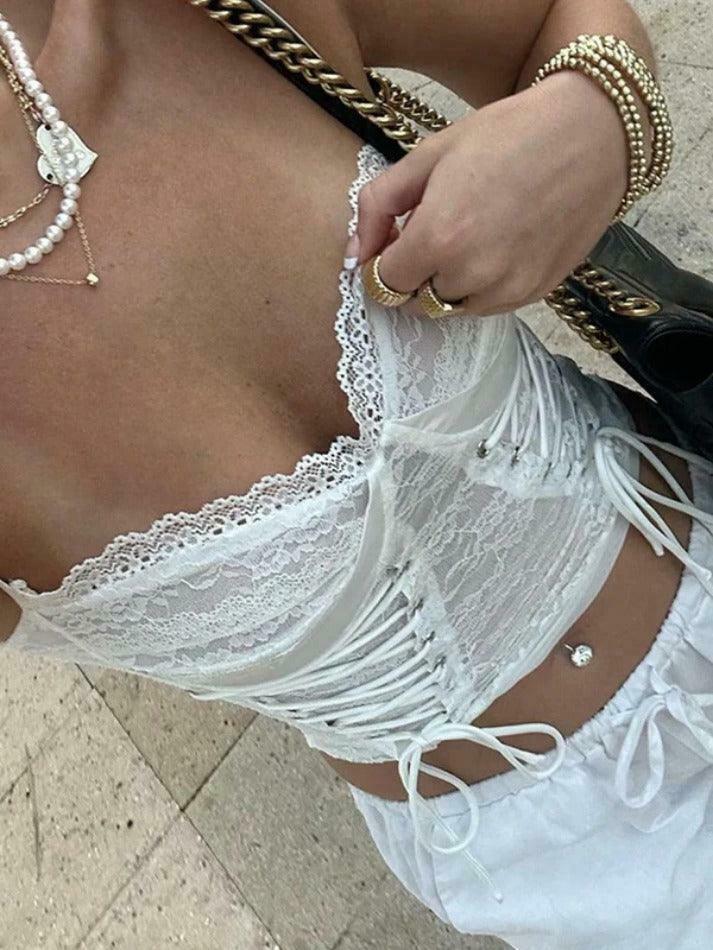 Y2K Lace Splice Crossover Tie Up Cami Top - Coquette Aesthetic Grunge Style Cute Tops