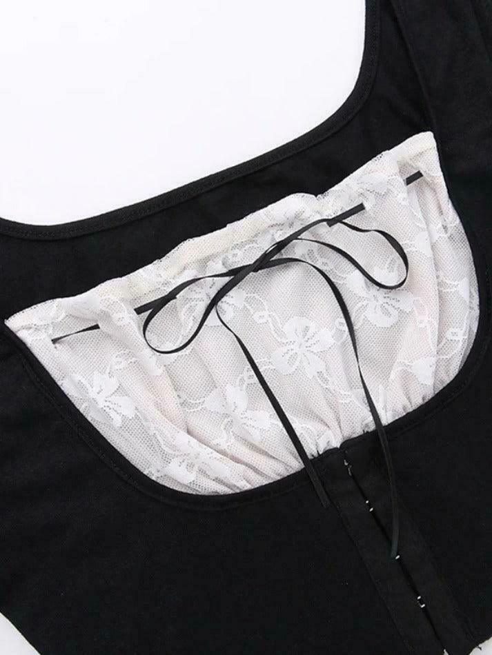 Y2K Lace Splice Mesh Tie Front Cropped Long Sleeve Tee - Coquette Aesthetic Grunge Style