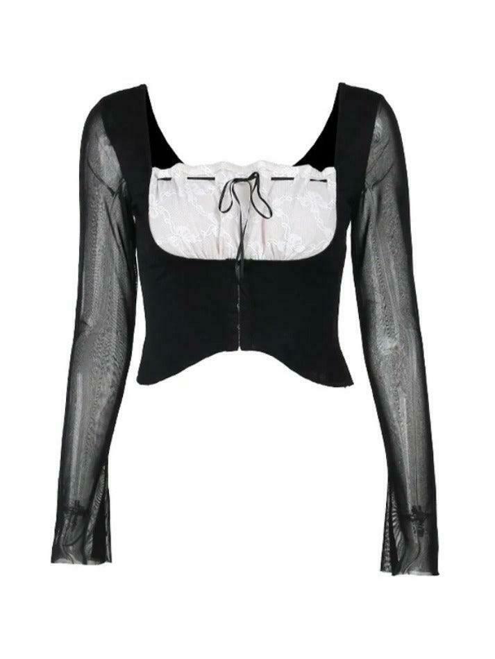 Y2K Lace Splice Mesh Tie Front Cropped Long Sleeve Tee - Coquette Aesthetic Grunge Style