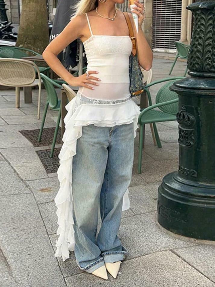 Y2K Lace Splice Ruffled Hem Cami Top - Coquette Aesthetic, Grunge Style, Cute Tops