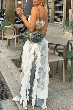 Y2K Lace Splice Ruffled Hem Cami Top - Coquette Aesthetic, Grunge Style, Cute Tops