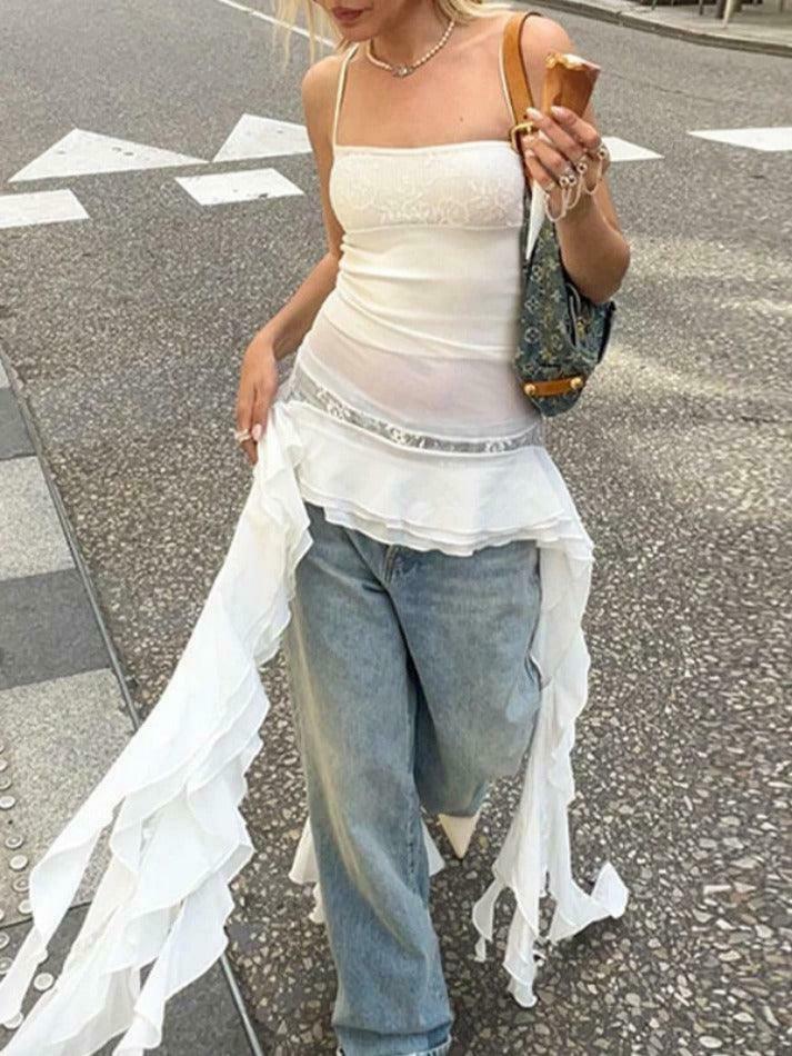 Y2K Lace Splice Ruffled Hem Cami Top - Coquette Aesthetic, Grunge Style, Cute Tops