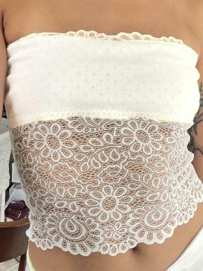Y2K Lace Splicing Bandeau Top for Women - Coquette Aesthetic Grunge Style - Cute Pastel Goth Fashion