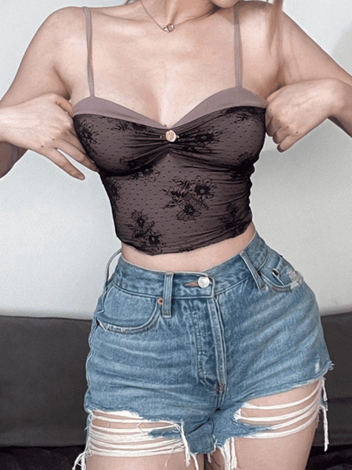 Y2K Lace Stitching Crop Cami Top for Women - Coquette Aesthetic Grunge Style Fashion