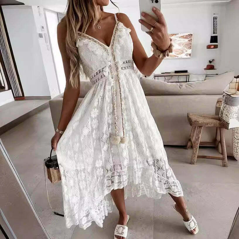 Y2K Lace Suspender White Midi Dress - Coquette Aesthetic Fashion for Women - Grunge Style Outfit