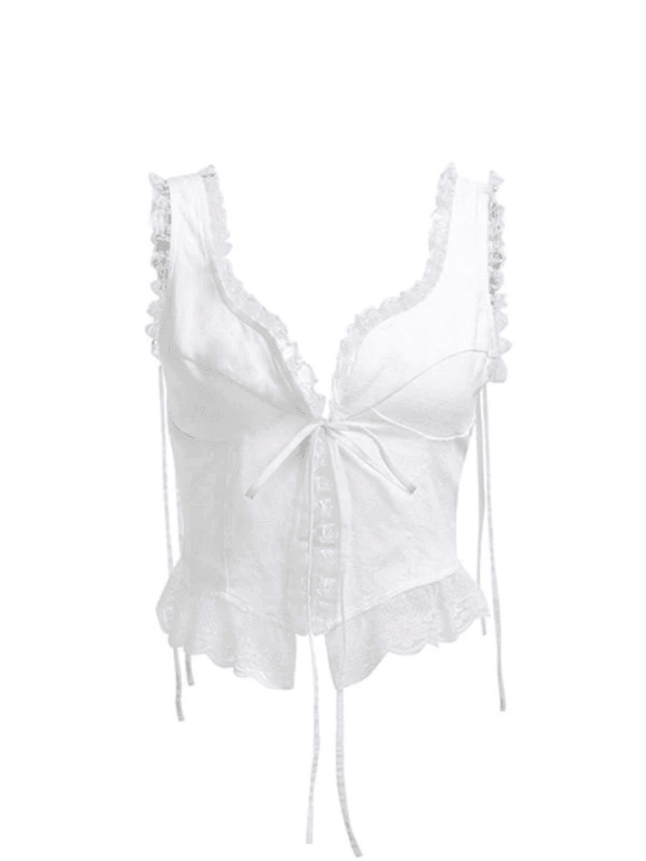 Y2K Lace Trim Ruffle Crop Tank Top - Coquette Aesthetic Grunge Style - Cute Pastel Goth Fashion