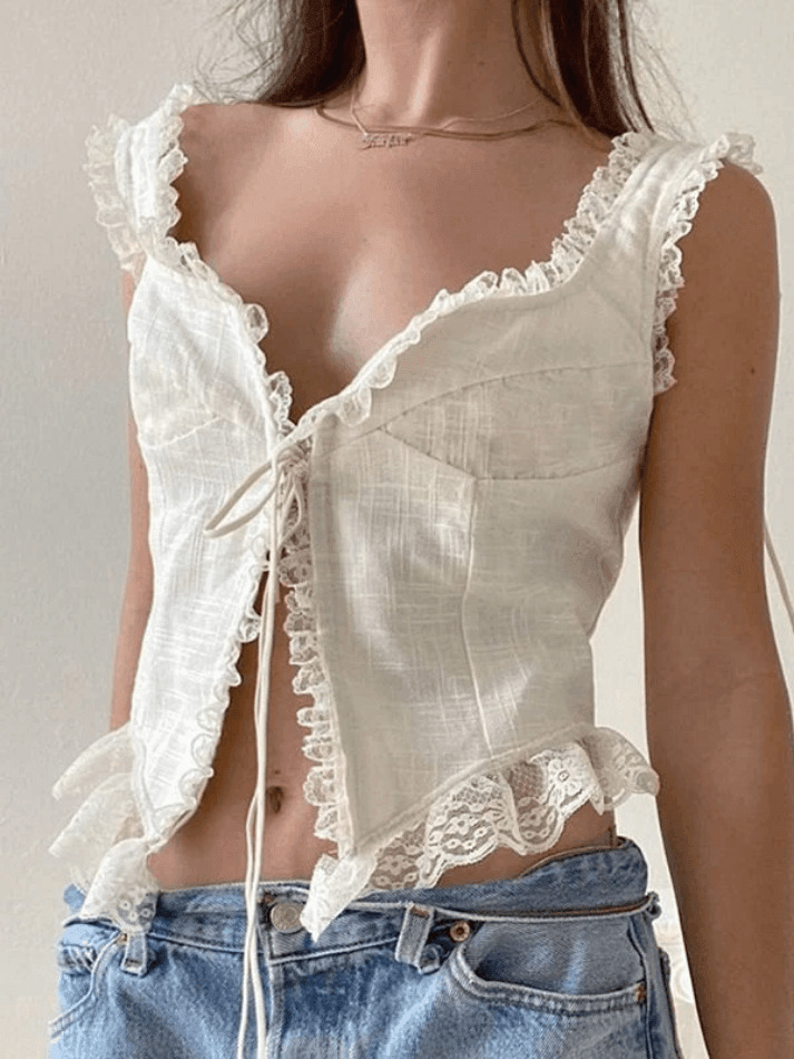 Y2K Lace Trim Ruffle Crop Tank Top - Coquette Aesthetic Grunge Style - Cute Pastel Goth Fashion