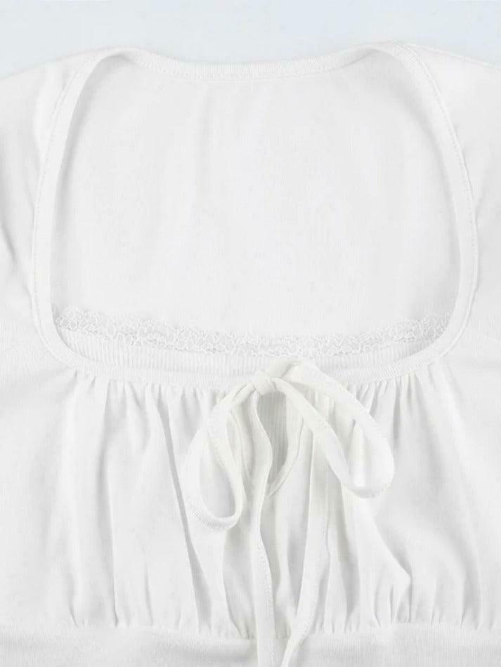 Y2K Lace Trim Shirred Lace Up Long Sleeve Tee - Coquette Aesthetic Grunge Style Fashion