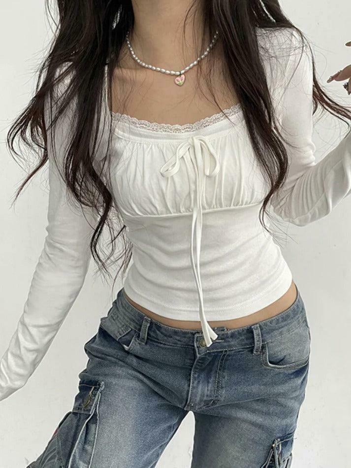 Y2K Lace Trim Shirred Lace Up Long Sleeve Tee - Coquette Aesthetic Grunge Style Fashion